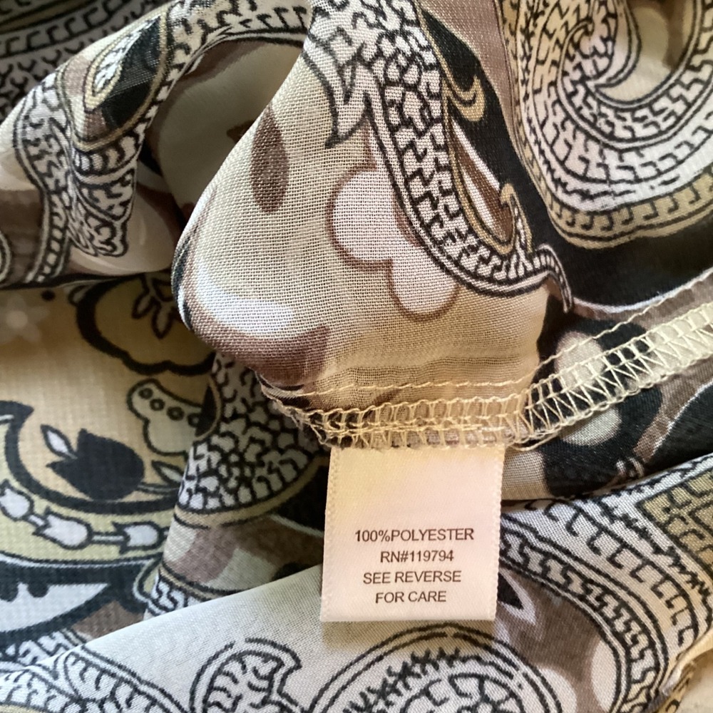 One World Paisley Chiffon Blouse Crochet Lace Shoulder Boho Top Brown Cream PM - Picture 7 of 10